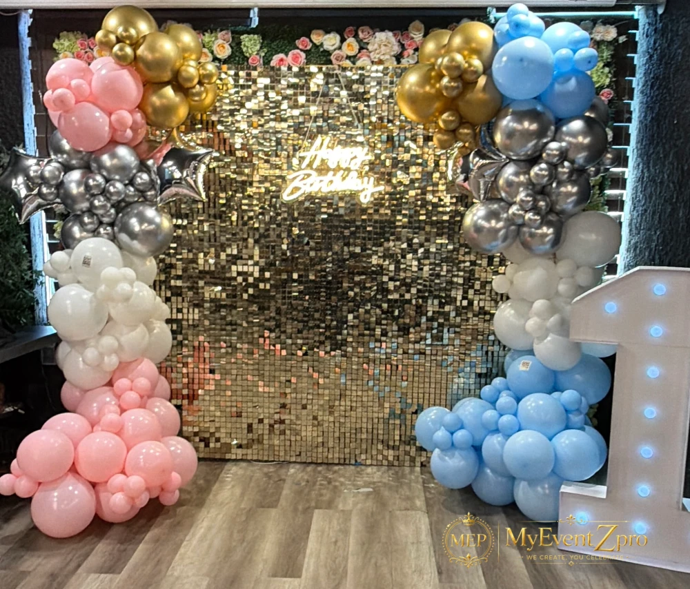 Glamorous Gold Sequin Backdrop & Dual-Tone Metallic Balloon Garland Setup